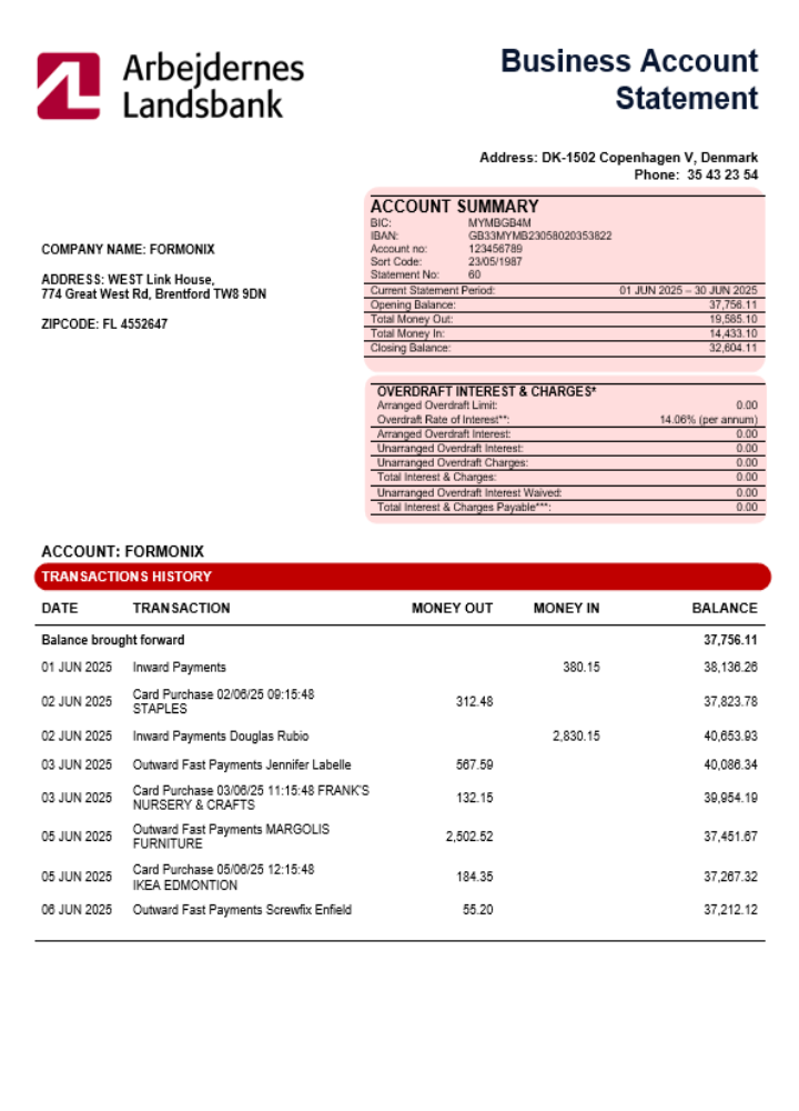 Modèle Word et PDF de relevé de compte d'entreprise Arbejdernes Landsbank